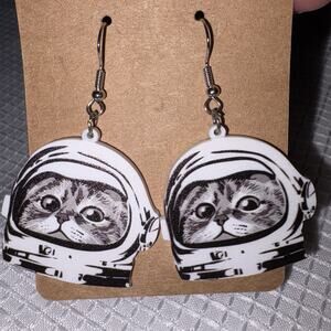 Funny Space Explorer Astronaut Kitty Cat Acrylic Dangle Earrings NEW